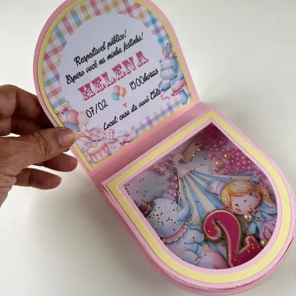 10 Convites Infantil Shaker Tema Circo | Convite Personalizado Luxo com Efeito 3D, foto 4 de 5