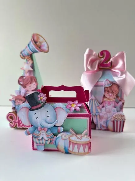 Kit Festa Circo Rosa Luxo 12 Peças | Caixas Personalizadas para Festa Infantil — papelaria personalizada Refinado Encanto