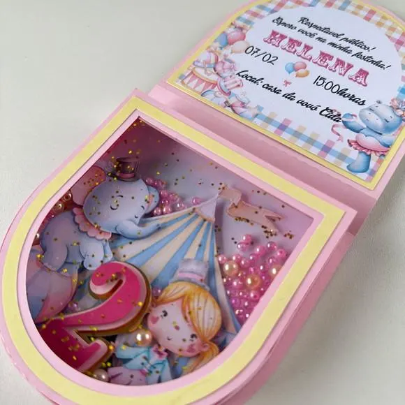 10 Convites Infantil Shaker Tema Circo | Convite Personalizado Luxo com Efeito 3D, foto 3 de 5