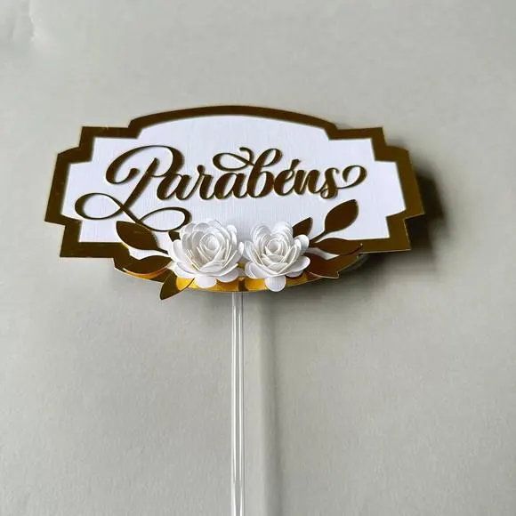 Topo de Bolo "parabéns" com Flores de Papel, foto 4 de 5