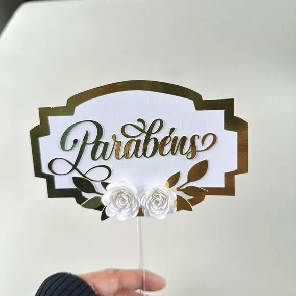 Topo de Bolo "parabéns" com Flores de Papel, foto 3 de 5